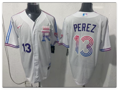 Men's Kansas City Royals #13 Salvador Perez White 2026 City Connect Stadium Stitched Baseball Jersey Men's Kansas City Royals #13 Salvador Perez White 2026 City Connect Stadium Stitched Baseball Jersey
