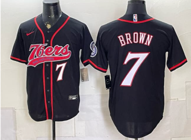 Men's Philadelphia 76ers #7 Jaylen Brown Black Cool Base Stitched Baseball Jersey