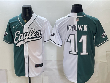Men's Philadelphia Eagles #11 A.J. Brown Green White Split Stitched Jersey Men's Philadelphia Eagles #11 A.J. Brown Green White Split Stitched Jersey