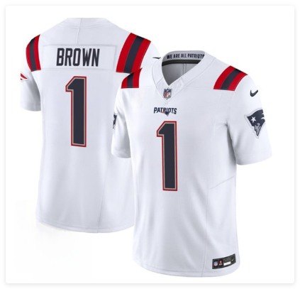 Men's New England Patriots #1 A.J. Brown White 2026 F.U.S.E. Vapor Limited Football Stitched Jersey Men's New England Patriots #1 A.J. Brown White 2026 F.U.S.E. Vapor Limited Football Stitched Jersey