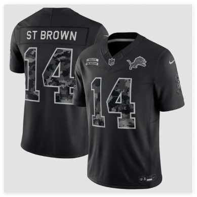 Men's Detroit Lions #14 Amon-Ra St. Brown Black F.U.S.E. 2026 Salute to Service Limited Football Stitched Jersey Men's Detroit Lions #14 Amon-Ra St. Brown Black F.U.S.E. 2026 Salute to Service Limited Football Stitched Jersey