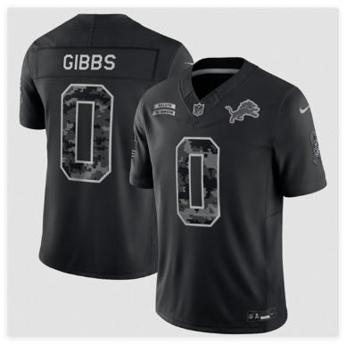 Men's Detroit Lions #0 Jahmyr Gibbs Black F.U.S.E. 2026 Salute to Service Limited Football Stitched Jersey Men's Detroit Lions #0 Jahmyr Gibbs Black F.U.S.E. 2026 Salute to Service Limited Football Stitched Jersey
