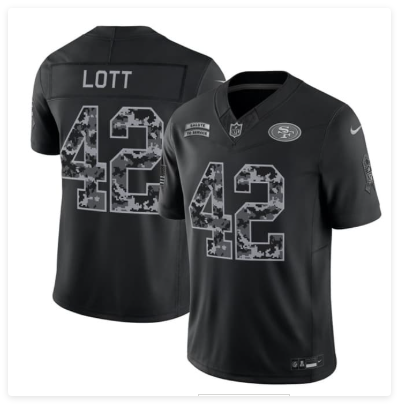 Men's San Francisco 49ers #42 Ronnie Lott Black 2026 F.U.S.E. Salute to Service Limited Stitched Football Jersey Men's San Francisco 49ers #42 Ronnie Lott Black 2026 F.U.S.E. Salute to Service Limited Stitched Football Jersey