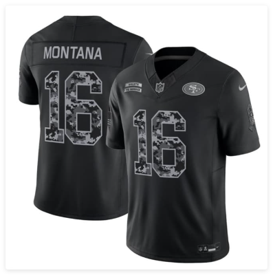 Men's San Francisco 49ers #16 Joe Montana Black 2026 F.U.S.E. Salute to Service Limited Stitched Football Jersey